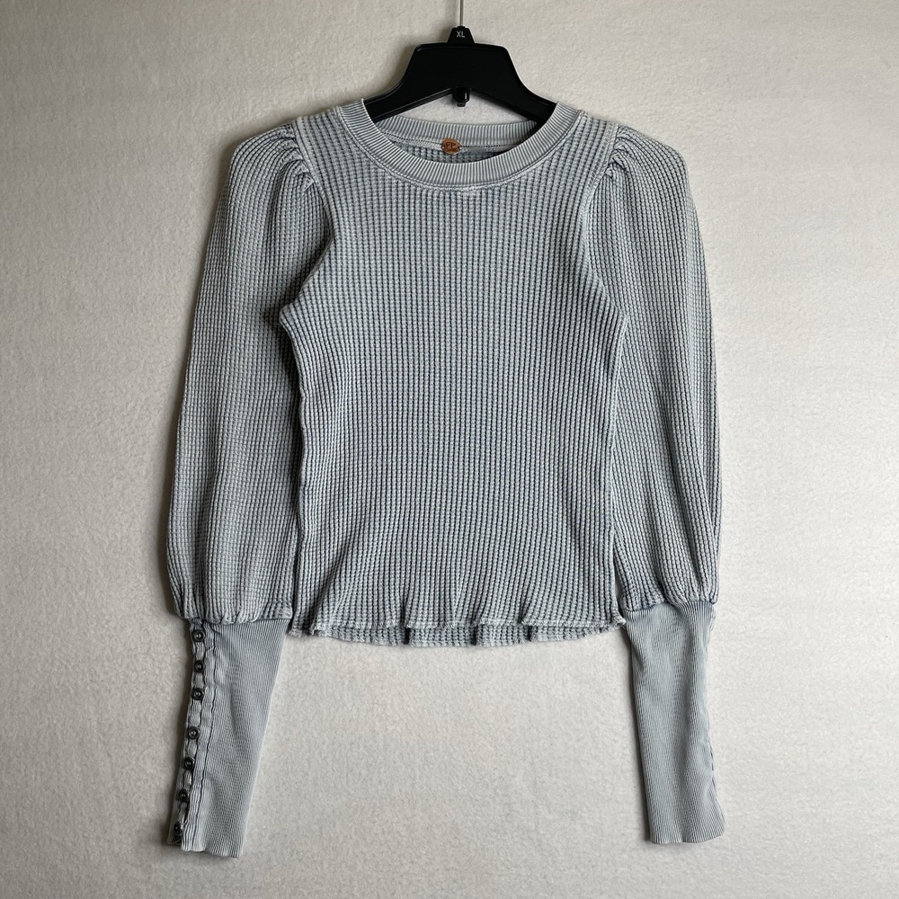 Free People Wesley Thermal Top Waffle Knit Puff Sleeve Women's XS Gray Grunge
